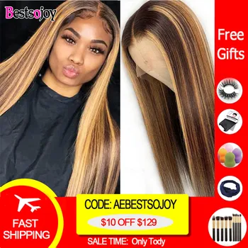 

Bestsojoy 13x6 Lace Front Human Hair Wig Straight Highlight Honey Blonde Brown 360 Lace Frontal Wig Pre Plucked Remy For Women