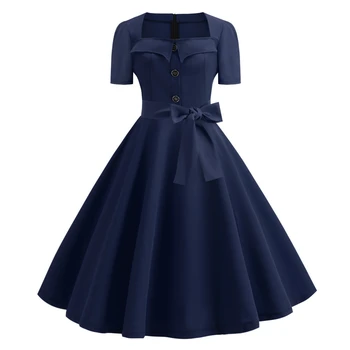 

Blue Women Vintage Summer Dresses Short Sleeve 50s 60s Pin Up Swing Rockabilly Vestidos Office Party Dress Knee Length 2020 Robe