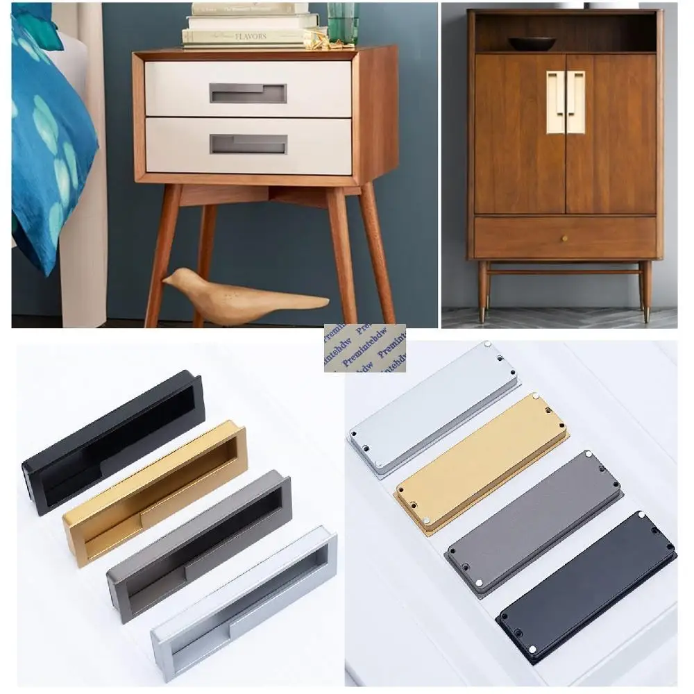 2Pcs(1Pair) Zinc Alloy Rectangle Recessed Flat Furniture Cabinet Cupboard Finger Pull Sanding Silver Gold Grey Matte Black
