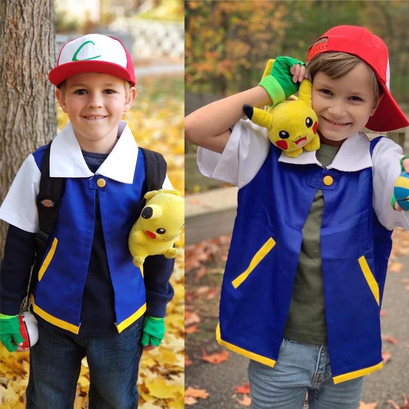 sonriendo Semicírculo Estado Disfraz de Pokemon Ash Ketchum para hombre y mujer, chaqueta azul de Anime,  conjunto de guantes de Pokeball, Sudadera con capucha para niños y adultos,  disfraz de Halloween| | - AliExpress