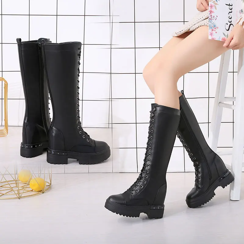 

2019 Autumn And Winter plus Velvet Hight-top Martin Boots Women's Thick Bottomed Elevator Lace-up-Style Leather WOMEN'S Boots Ca