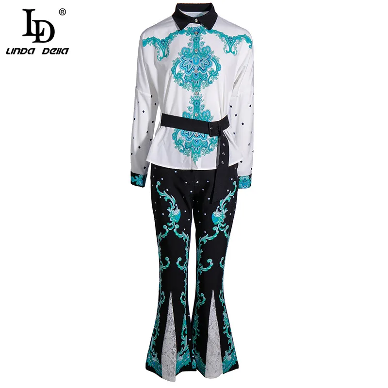

LD LINDA DELLA Fashion Runway Autumn Vintage Sets Women's Long Sleeve Dot Tops And Print Lace Long Pants Two Pieces Suit Set