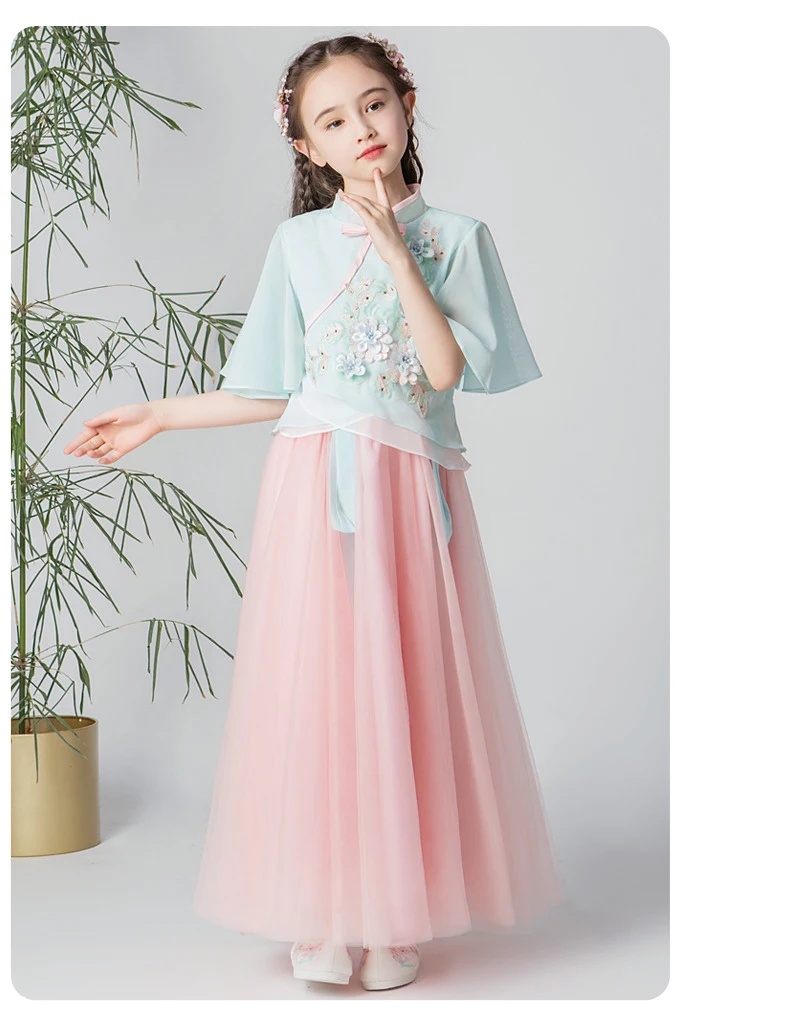 Hanfu/платье принцессы с вышивкой в китайском стиле; новое летнее платье с рукавами для девочек; повседневная одежда Феи в стиле ретро для девочек