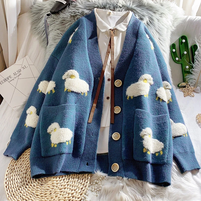 

2020 Autumn New Knit Female Cardigan Loose Streetwear Knit Sweater Coat Cartoon Cute Print V Neck knitted cardigan Women Jacket