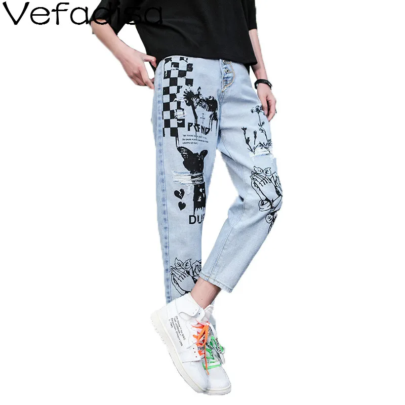 

Vefadisa Graffiti Pattern Jeans Pants Women Holes Cowboy Trousers Hip-Hop Long Pants for Girls Button Trousers ZLD650