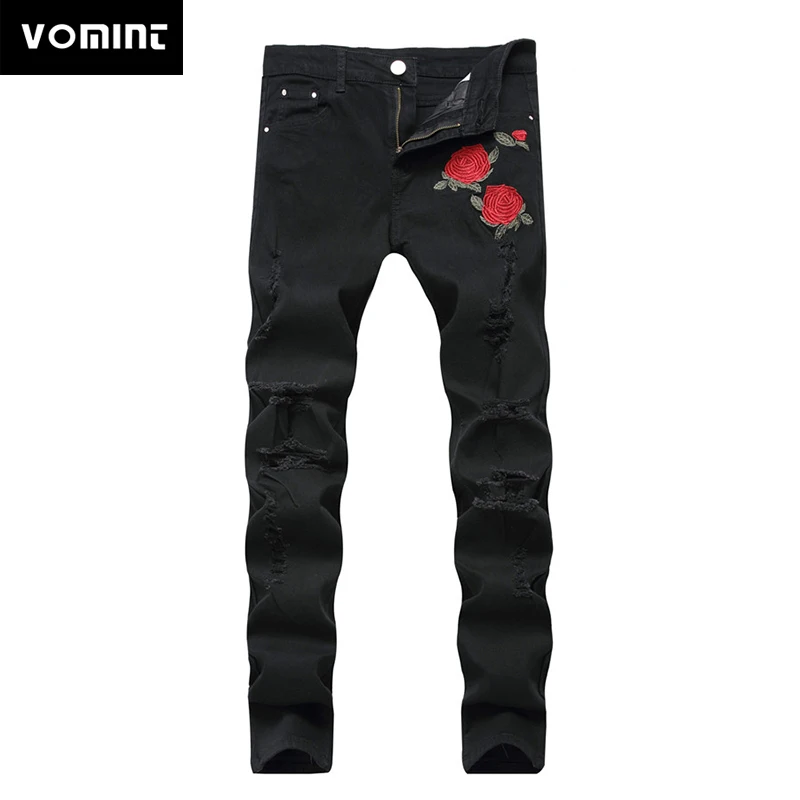 VOMINT nuevo negro vaqueros con hombres de bordado con flores rosa bordada de los hombres Jeans elásticos pantalones vaqueros ajustados