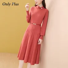 

Only Plus Orange Knitted Slim Elastic Dress For Autumn/Winter Bottoming Mid-length Long-sleeved Half-high Neck Dresses With Belt