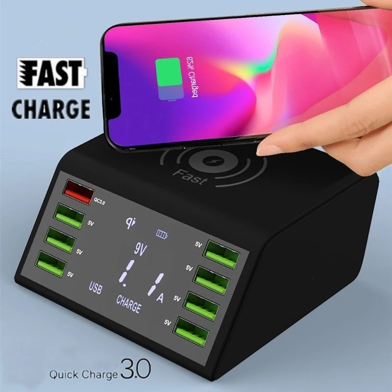 LCD Display QC 3.0 Fast Charger Station Dock 8 Port 10W Wireless Charger For Mobile Tablet Smart Device US EU UK AU Plug