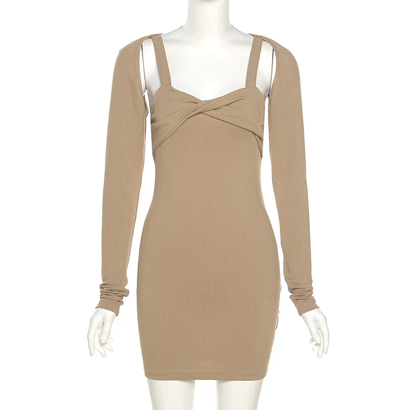 

Autumn/winter new style women's long-sleeved short knitted sling one-word collar bag hip dress