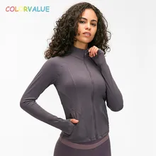 Colorvalue Naked-feel Fabric Slim Fit Yoga Sport Jacket Women Full Zipper Ribbed Gym Fitness Coat with Two Pocket/Thumb Holes