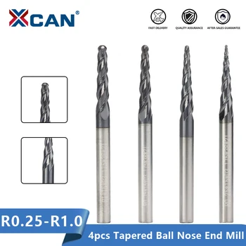 

XCAN Tapered Ball Nose End Mill 4pcs R0.25 R0.5 R0.75 R1.0 Carbide End Mill Set CNC Engraving Bit