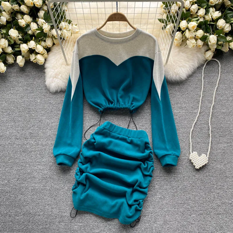 

Spring Autumn Sets Women Casual Two Pieces 2021 Long Sleeve Crop Hoodies and High Waist Bodycon Skirt Spliced Outfits Tracksuit