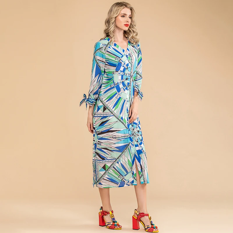 LD LINDA DELLA Autumn Fashion Loose Plus Size Dress Designer Women V-Neck Single-breasted Print Holiday Vintage Midi Dress