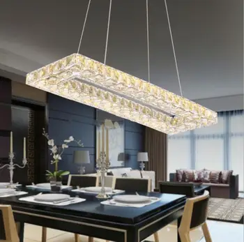 

Creative rectangular restaurant chandelier three crystal LED dining chandelier modern minimalist bedroom table lighting
