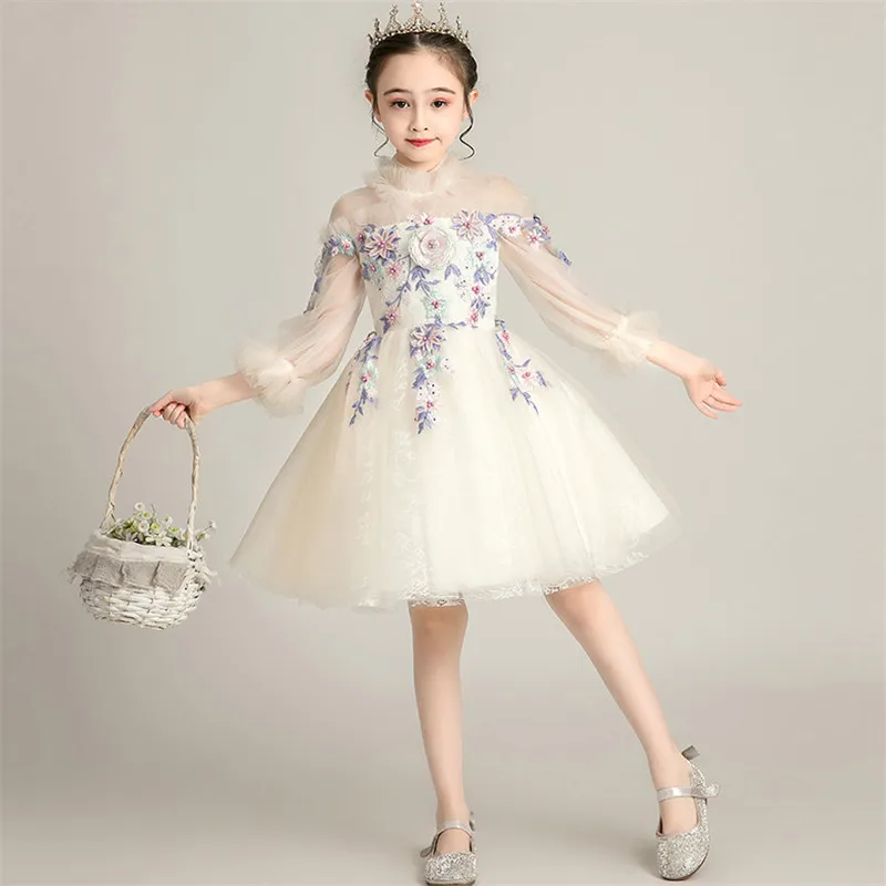 beige short dress Новинка года; элегантное детское кружевное платье принцессы с длинными рукавами и вышитыми цветами для дня рождения, свадьбы, вечеринки; сезон осень-зима - Цвет: beige short dress