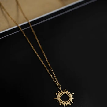 Gold Circle Irregular Sun Necklace For Women Stainless Steel Hollow Out Round Sweater Pendant Necklaces Jewelry Gift
