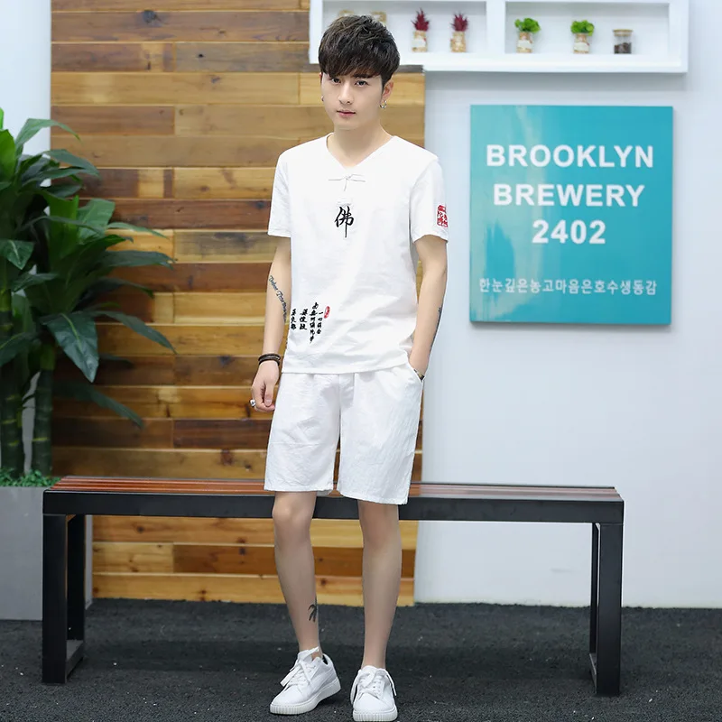 

Flax Set Men's Summer Cotton Linen Short Sleeve T-shirt Casual Two-Piece Set Chinese-style Men'S Wear Loose-Fit Half Sleeve Shor