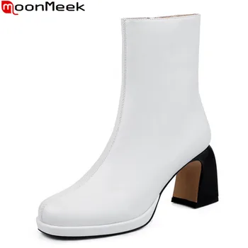 

MoonMeek 2020 Genuine leather boots thick high heels square toe ladies shoes autumn winter black white color ankle boots