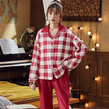 

XIFER Couple Korean Version of Plaid Pajamas 2020 Autumn and Winter New Cotton Long-sleeved Pajamas Cardigan Plaid Home Wear