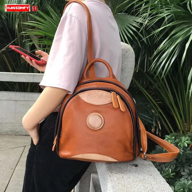 

Retro color first layer cowhide Women backpack multi-layer shoulder bag female original ladies leather simple small backpacks