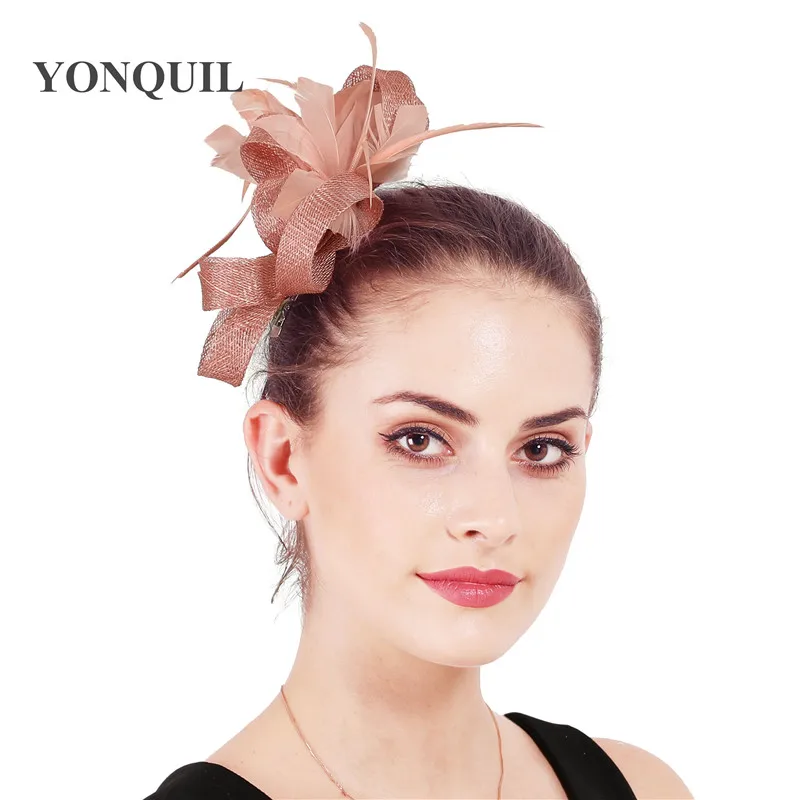 Peach sinamay fascinator wedding women hat headband fancy feather flower fashion headwear ladies hair accessories fedora clips