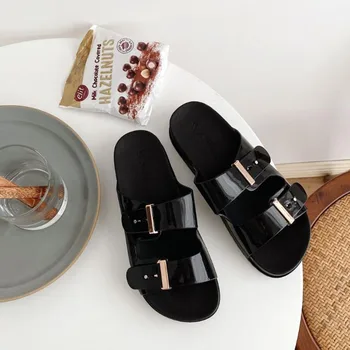 

Slippers for women wearing classic two belt buckle one word women shoes all kinds of fashion thick bottom klapki damskie na lato