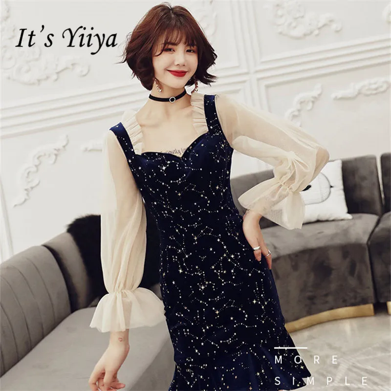 Это YiiYa выпускное платье, с вырезом лодочкой длиной выше колена русалки Vestidos de gala с рюшами с рукавом три четверти, платья с блестками, Для женщин вечерние ночное E880