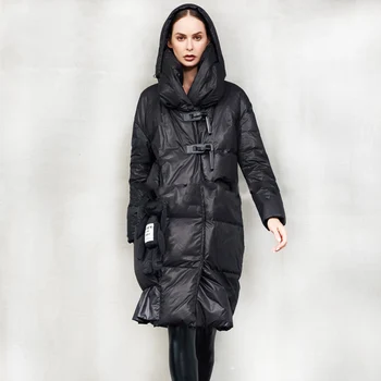 

LANMREM winter black long warm black hooded collar single-breast undetachable long-sleeve all-match down jacket female 2A1599