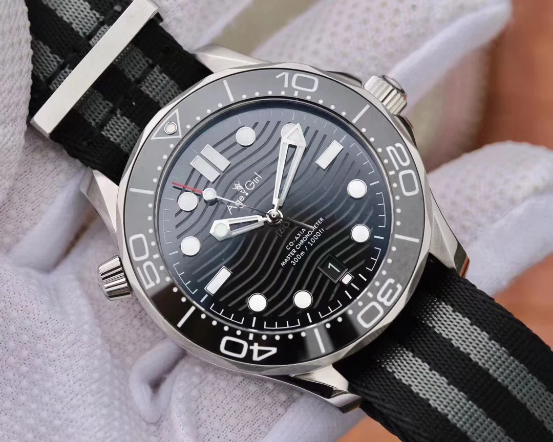 

Luxury Brand New Men Automatic Mechanical Watch Silver Black Grey Canvas James Bond 007 Ceramic Bezel Crystal Sapphire Watches