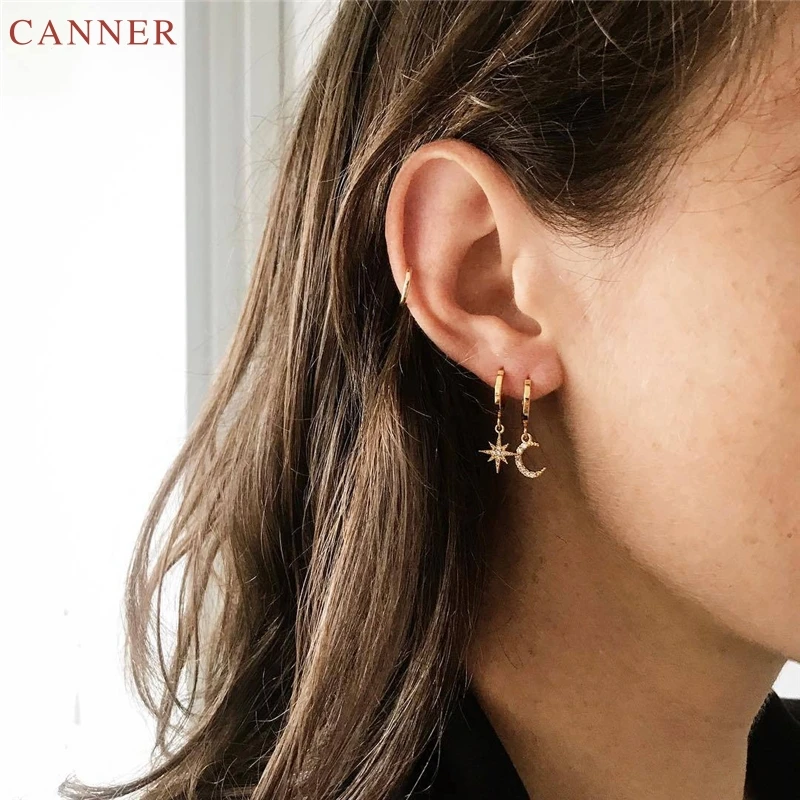

CZ Crystal Moon Star Drop Earrings for Women Gold Color Small Circle Earrings 2019 Fashion Jewelry Gifts Zircon Earings C40