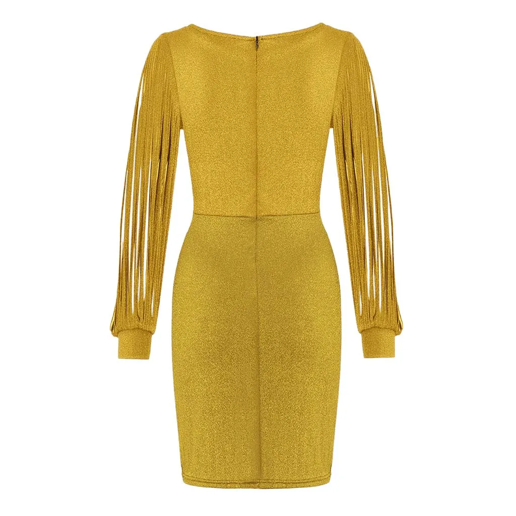 New Fashion Sexy Women V Ncek Solid Sequined Glitter Stitching Shining Club Sheath Long Sleeved Mini Dress For Female