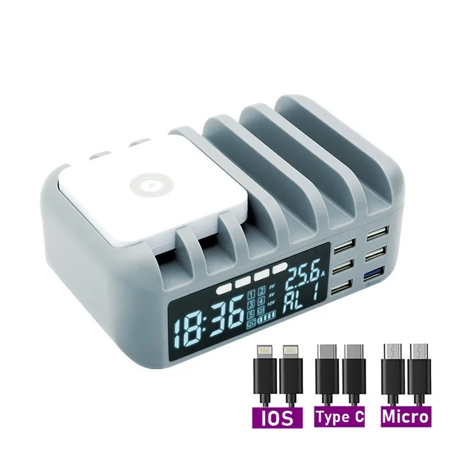 48W Multi Phone USB Wireless Charger With Clock for IPhone 11 12 Pro Max QC 3.0 LCD Fast Charging Station For Samsung Xiaomi Grey With Cable
