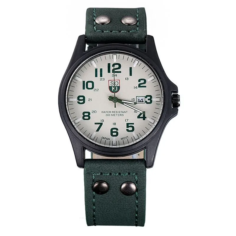 Брендовые спортивные военные часы, модные повседневные кварцевые часы, кожаные Аналоговые мужские часы, новинка, SOKI, Роскошные наручные часы - Цвет: green