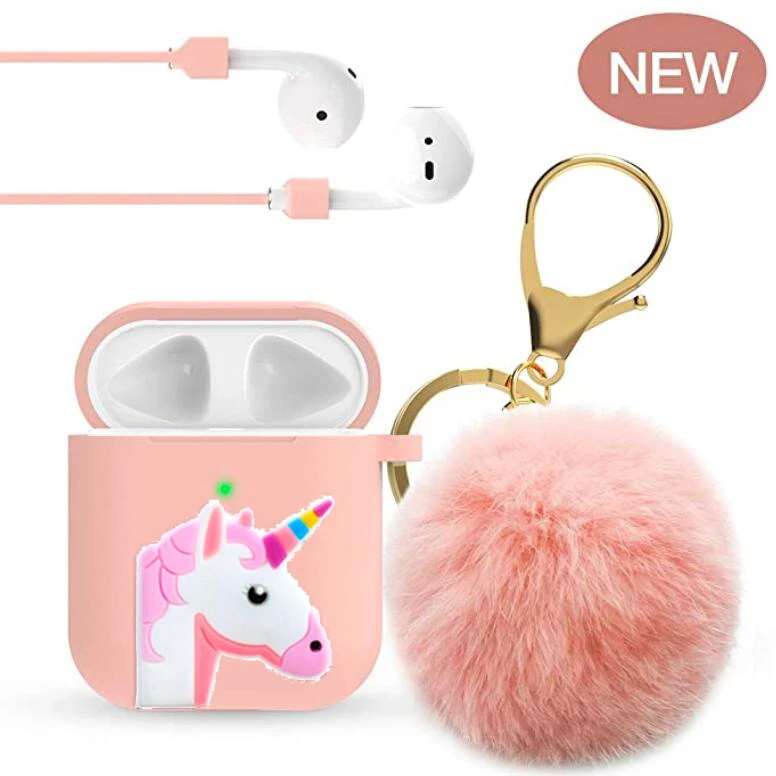 

Unicorn Airpods Case Skin Drop Proof Protective Pom Pom Keychain Cover Silicone for Apple Airpods 2&1 Charging Cute Fur Ball Cha