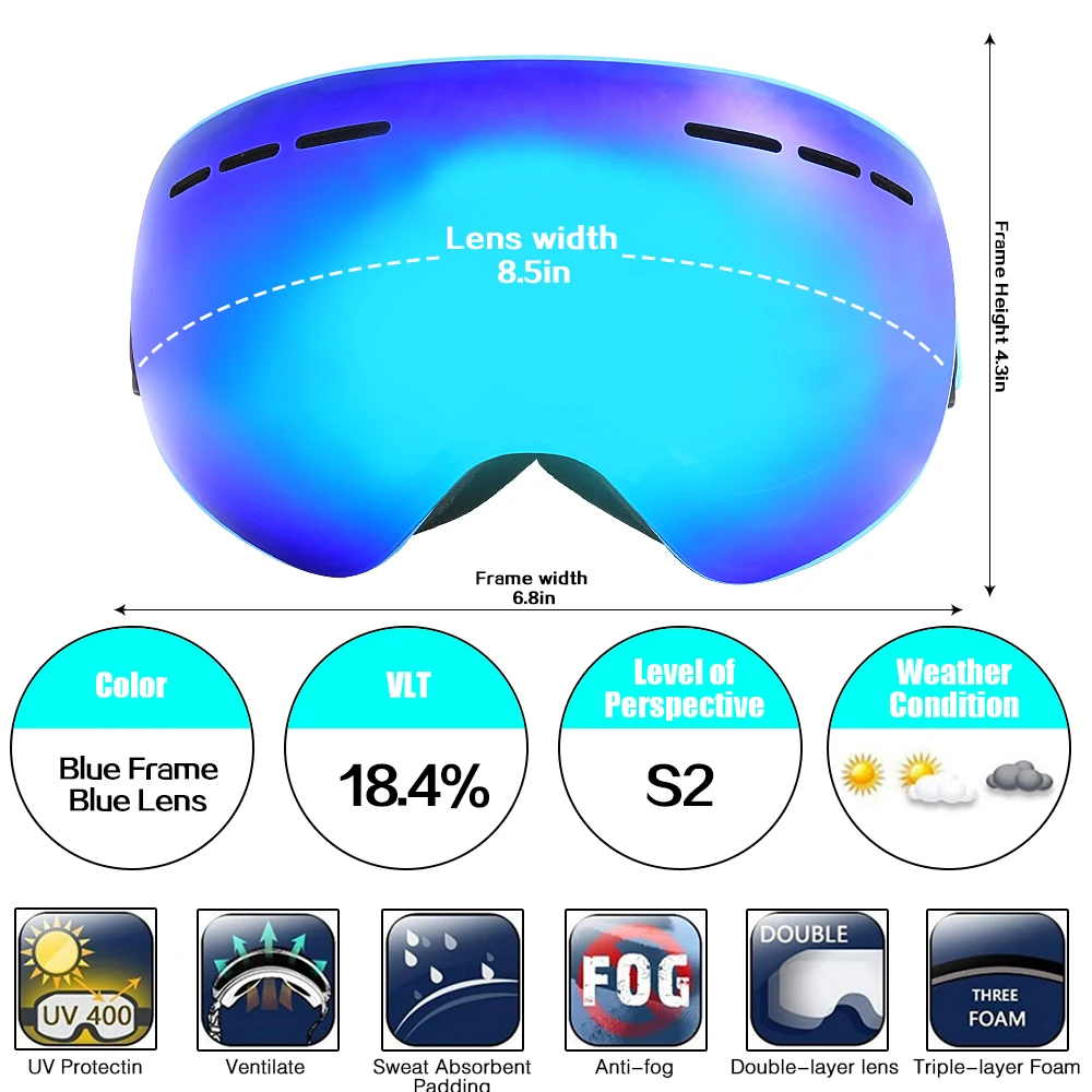 Jiepolly лыжные очки для катания на лыжах и сноуборде магнитные двухслойные линзы Анти-Туман UV400 Катание на коньках катание на снегоходах маска очки для женщин и мужчин - Цвет: Blue Frame