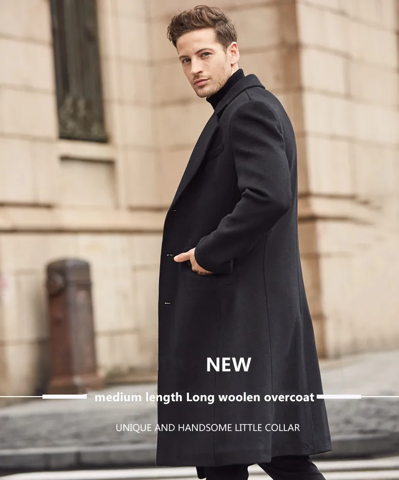 Мужское шерстяное пальто, Осень-зима, новое деловое повседневное шерстяное пальто, однобортный длинный Тренч, шерстяное пальто выше колена, твидовое пальто