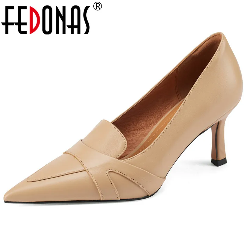 

FEDONAS Elegant Thin Heels Shoes Woman Shallow Genuine Leather Pointed Toe Women's Shoes Autumn New Wedding Prom Female Pumps