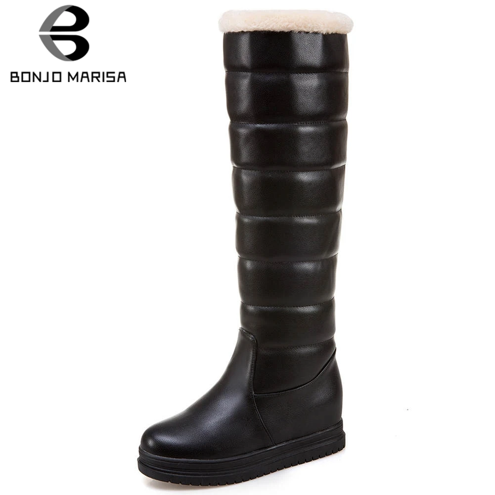 

BONJOMARISA New 34-43 Elegant Platform Boots Ladies Winter Knee High Snow Boots Women 2020 Warm Waterproof Wedges Shoes Woman