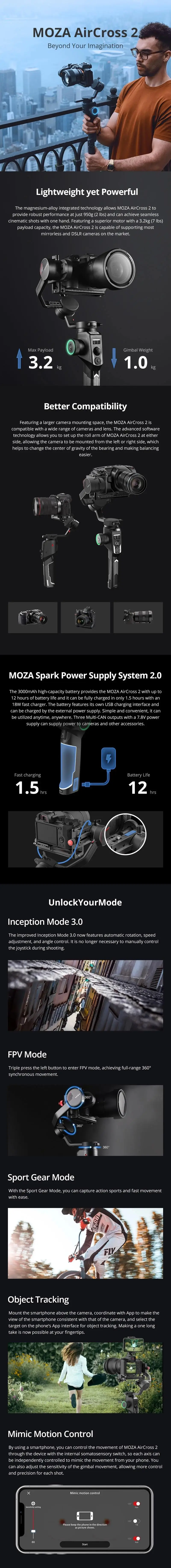 MOZA Aircross 2 3-осевой ручной шарнирный стабилизатор для камеры GoPro для BMPCC беззеркальная камера DSLR RX100 A7 Panasonic GH5 GH4 PK Zhiyun Crane