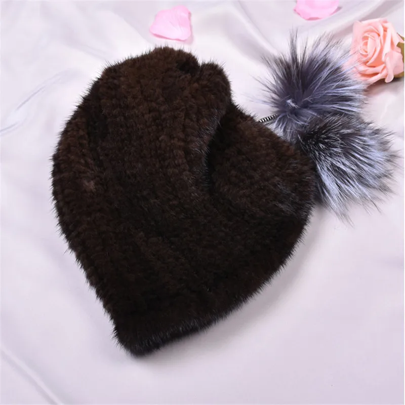 Модная новая горячая распродажа широкий выбор натурального меха норки с лисьим шариком меховая шапка женская зимняя теплая шапка личность - Цвет: brown
