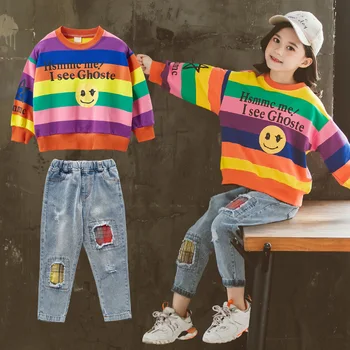 

Teenage Girls Clothing Set Spring Kids Tracksuit Rainbow Striped Sweatshirt Jeans Suit School Girls Clothes Child Costume 10 T