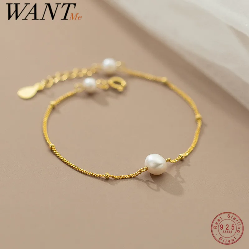 

WANTME 925 Sterling Silver Simple Chain Natural Baroque Pearl Charm Bracelet for Women Fashion Chic Gold Plated Party Jewelry