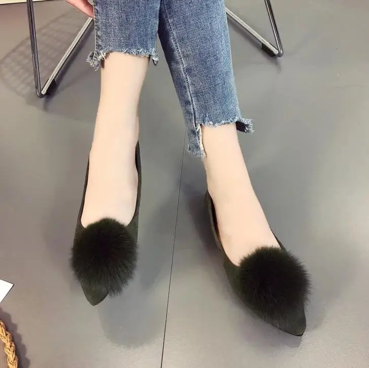 Spring new shallow mouth pointy Fox hairball low help students women's singles shoes