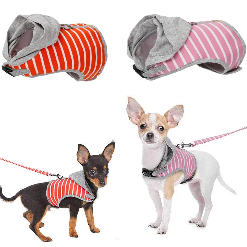 Hooded Vest Stripe Dog Harness And Leash Pet Puppy Cat Vest Jacket For