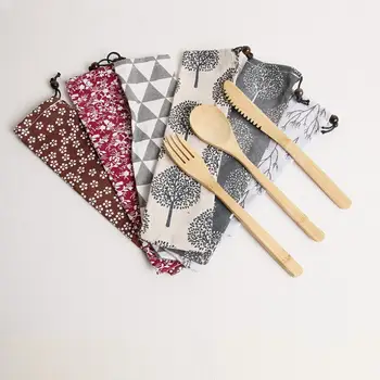 

Japanese Style Portable Tableware Set Bamboo Knife Spoon Fork with Drawstring Cloth Bag Cutlery Set SN2371