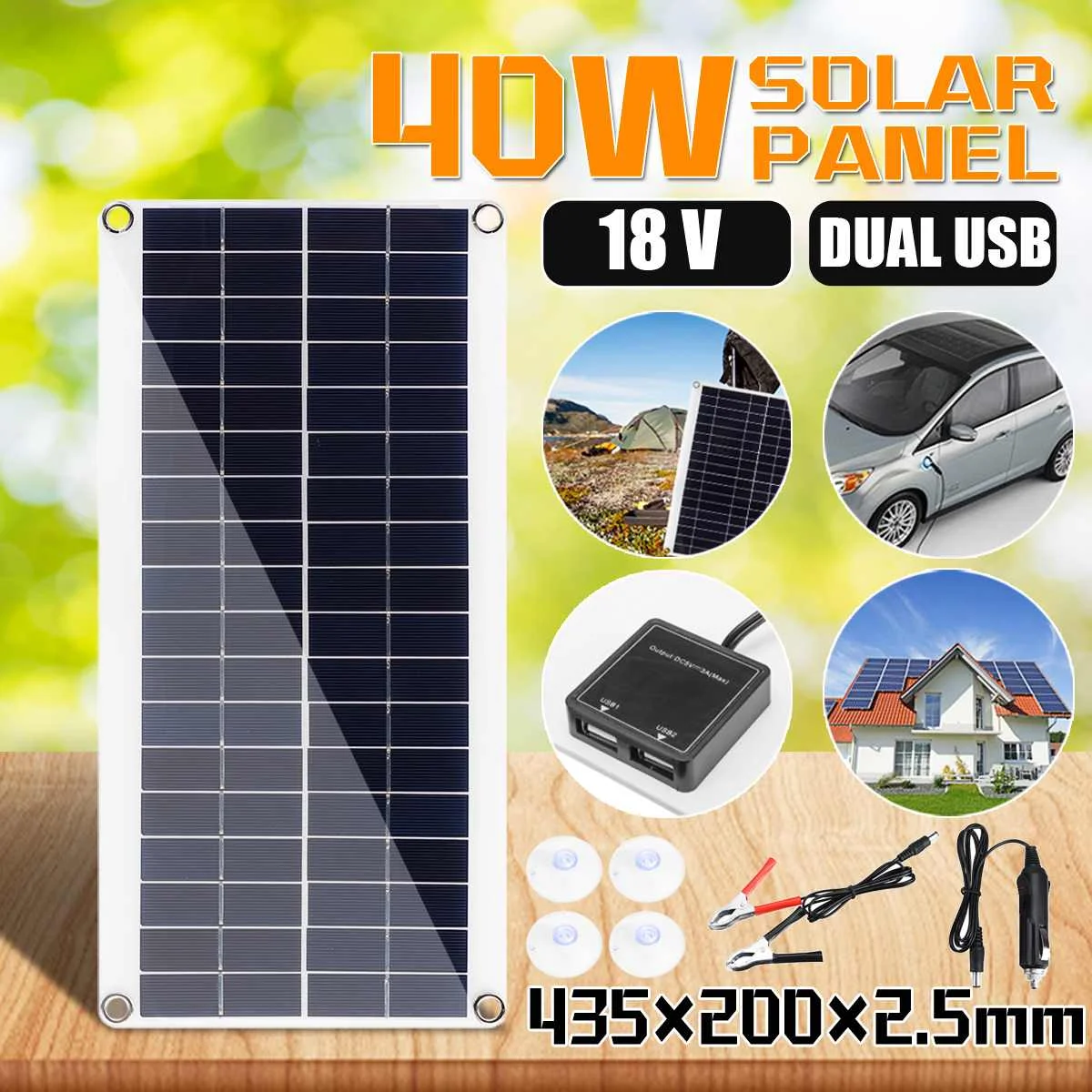 

40W DC 18V Solar Panel Battery Charger Portable Flexible Solar Cell Board Crocodile Clips Car charger For Phone RV Car