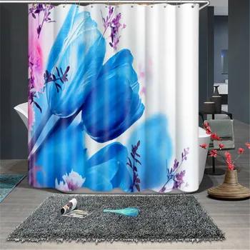

Flowers Printed Mildewproof Shower Curtain Polyester Butterfly Curtain Bathroom Curtain with Hooks Home Decoration