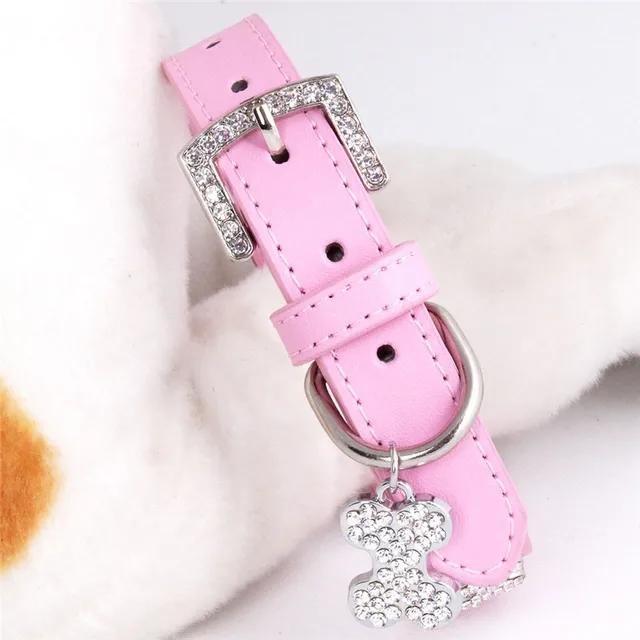 Cats Dogs Collar Leather Adjustable Decoration Bling Dog Bone Pendant Necklace Pet Collar with Rhinestones Pet Accessories Stuff 5
