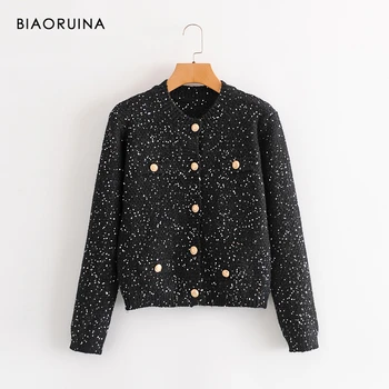 

BIAORUINA Women's Fashion Single Breasted O-neck Chic Knit Cardigan Sequines Patchwork Ladies Elegant Sweater One Size