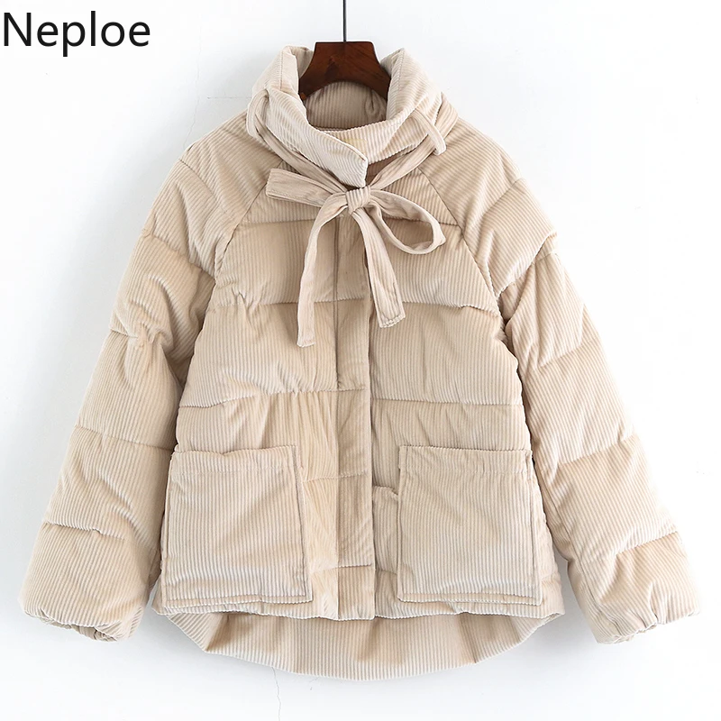 

Neploe Small Fresh Winter Coat Women Fashion Short Student Jacket Thicked Solid Lace Up Bow Sweet Casaco Feminino 2019 New 46628
